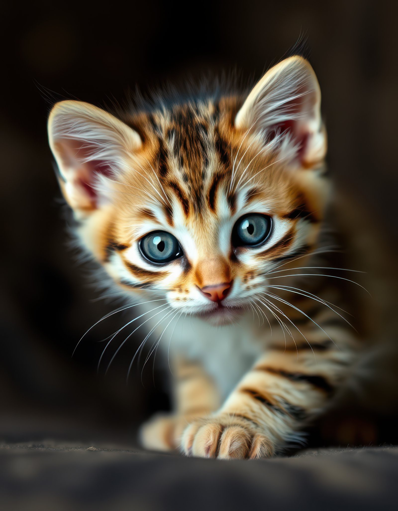 Curious kitten explores its surroundings with wide eyes in a softly lit setting